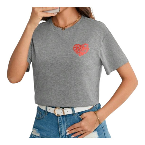 Camiseta De Hombros Caídos Con Estampado De Corazón De Mujer