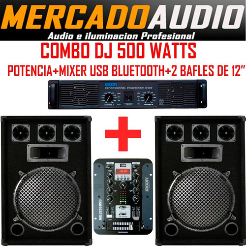 Imagen 1 de 5 de Combo Dj 500 Watts Potencia+mixer Usb Bluetooth+ 2 Bafles 12