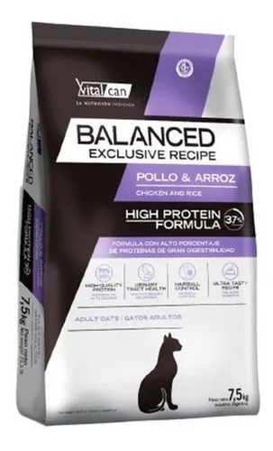 Imagen 2 de 4 de Alimento Vitalcan Balanced Exclusive Recipe High Protein para gato adulto sabor pollo y arroz en bolsa de 7.5 kg