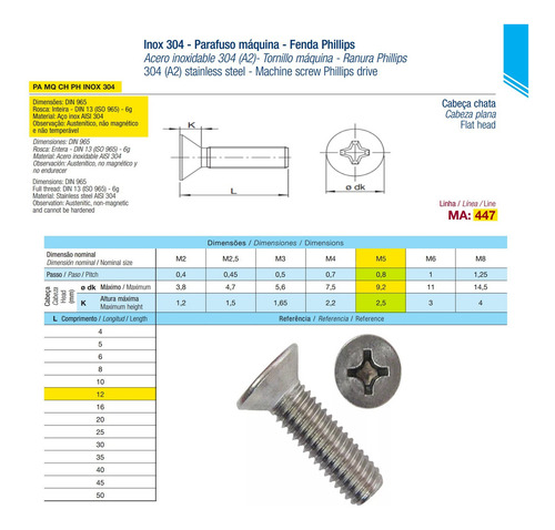 Parafuso M5 X 12 Phillips Inox Cabeça Chata M5x12 - 100un
