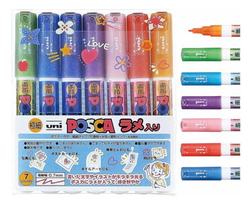 Set Marcadores Posca 1m 7 Colores Glitter Original Japonés