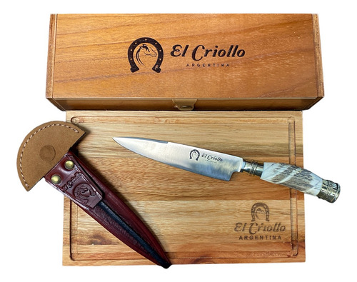 Kit Asador El Criollo Cuchillo + Tabla + Vaina + Caja Madera