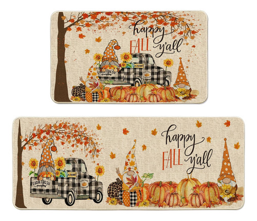 Fall Gnome Pumpkin Decorative Kitchen Mats Set Of 2, Fall Ha