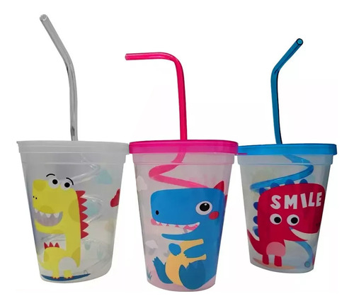 Set X3 Vaso Plástico Infantil Con Tapa Y Bombilla Espiral