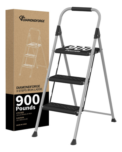 Diamondforge Escalera De 3 Escalones, Taburete Plegable Con. Color Gris
