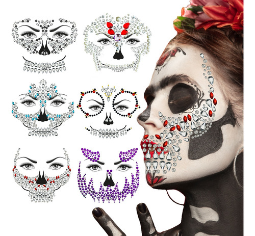 Pedrería Stickers Diamantes Perlas Cara Tatto Catrina 6 Pzs