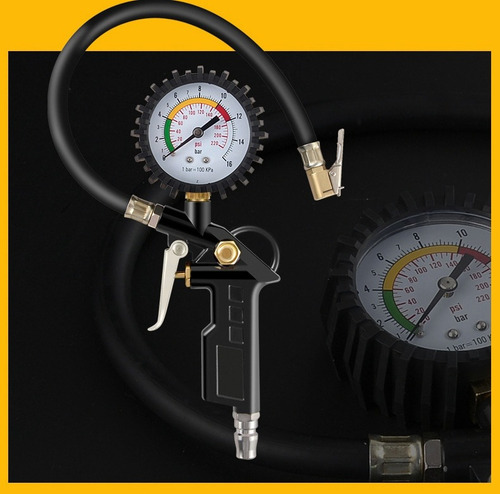 Calibrador de inflador com manômetro, compressor, pneus, balões