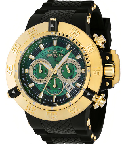 Relógio De Pulso Invicta 38999 Com Corria De Silicone Cor Preto - Fondo Verde - Bisel Dourado