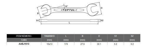 Chave Fixa 10,0 X 13,0 Mm Dupla - Toptul Aaej1013