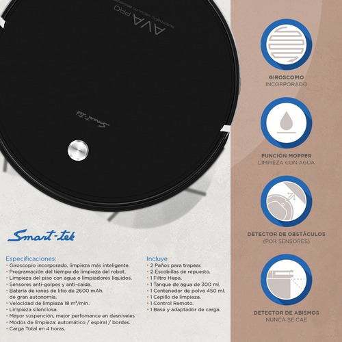 Imagen 5 de 7 de Aspiradora Inalambrica Robot Smart-tek Ava Pro Mopper