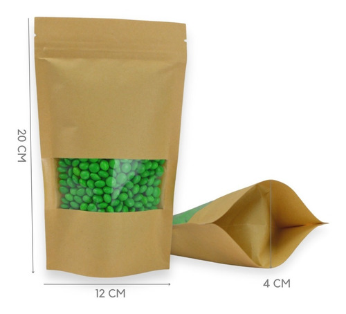 Imagen 6 de 9 de 100 Bolsa Stand Up Pouch Con Cierre Kraft Ventana De 140 Grs