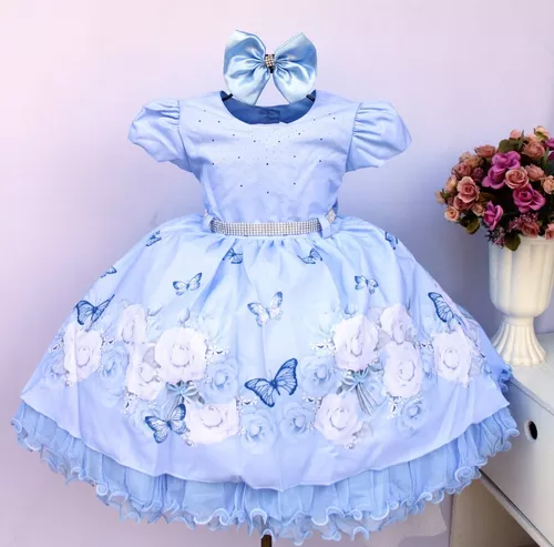 VESTIDO INFANTIL CINDERELA AZUL MANGAS LUXO FESTAS LUXO