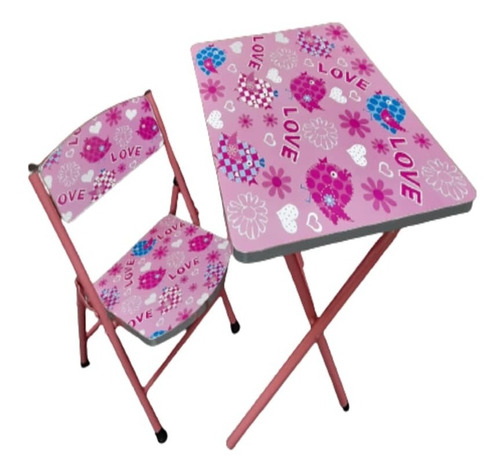 Conjunto Mesa E Cadeira Dobravel Love Rosa Menina Multiuso