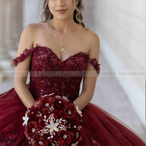 Vestido De Xv Quinceañera Vino Rojo Apliques De Flores