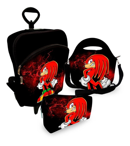 Kit Escolar Mochila Rodinha Lancheira Estojo Knuckles Sonic