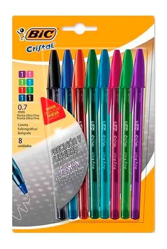 Boligrafo Bic Cristal Ultra Fino 0.7mm Blister X 8 Colores