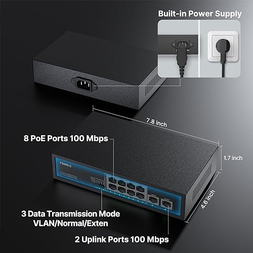 Switch Poe De 10 Puertos Real Hd, 8 Puertos Poe+ 2 Uplink