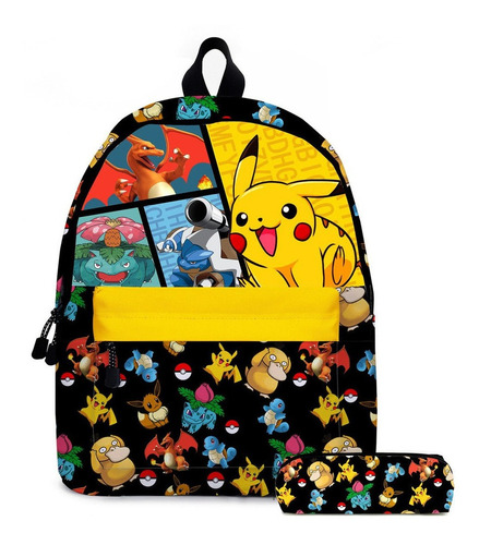 2 Unids/set Pokemon Pikachu Mochila Escolar Estuche Para Color Negro/amarillo