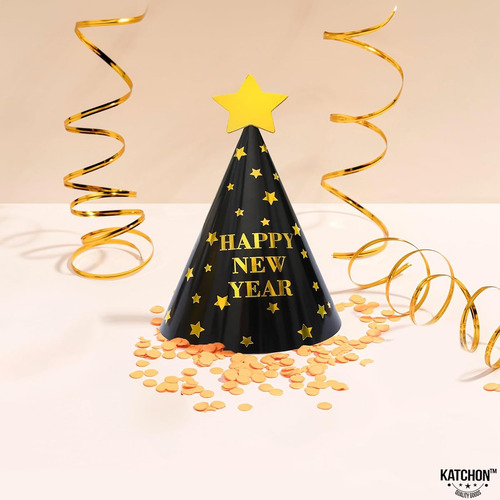 Gorro Para Fiesta De Año Nuevo 2025 Negro Con Dorado 12 Pza