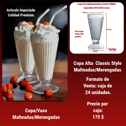 Copa Vaso Alto Merengadas/malteadas Cristar.caja De 24unids.