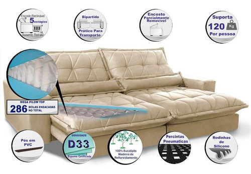 Sofa Retrátil Reclinável Pocket Cama Inbox Soft 2,72m Bege