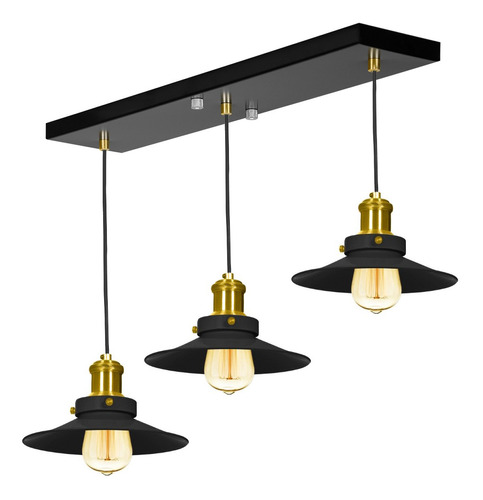 Lustre Pendente Nordic Triplo Base Retangular Preto/dourado