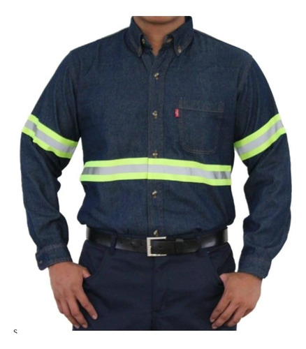 Camisa De Mezclilla Industrial  Con Reflejantes  Extra Grand