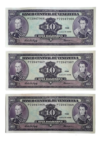 Billetes De 10 Bs. 5/6/95 - Serial P8 - 966, 967 Y 968