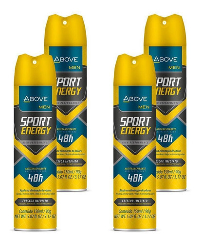 Kit 4 Desodorantes Aerossol Above Men Sport Energy 48h 90g