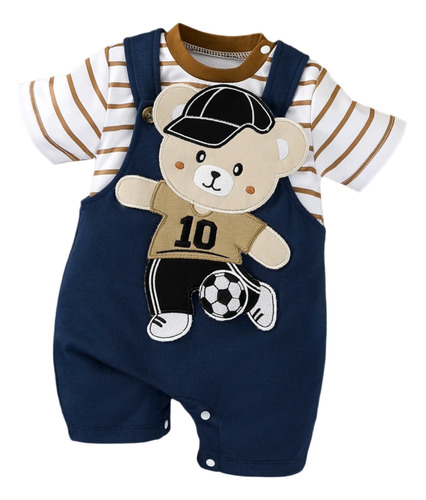 Conjunto Verano De Bebé Con Bordado Osito Y Camiseta A Rayas Azul Marino 0-3 M