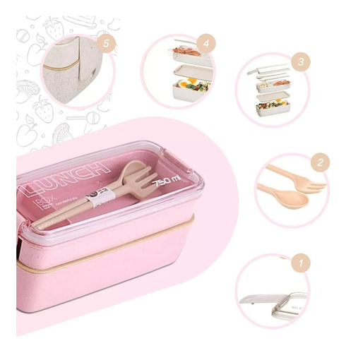 Lunch Box Lonchera 750 Ml Dos Pisos Con Cubiertos Rosa Liso