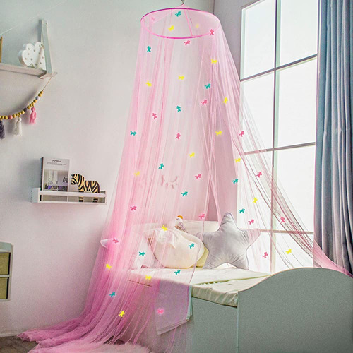 Canopy Rosa Para Niñas Cama Con Brillo Pre-pegado En Los Uni