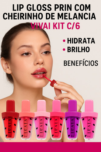 Kit 6 Lip Gloss Labial Atacado Vivai Melancia Brilho