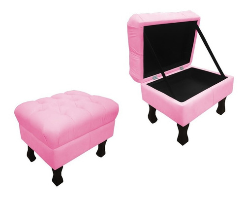Puff Puf Baú Decorativo Luiz Xv Capitonê Suede Rosa Bebê Retrô Pés Madeira
