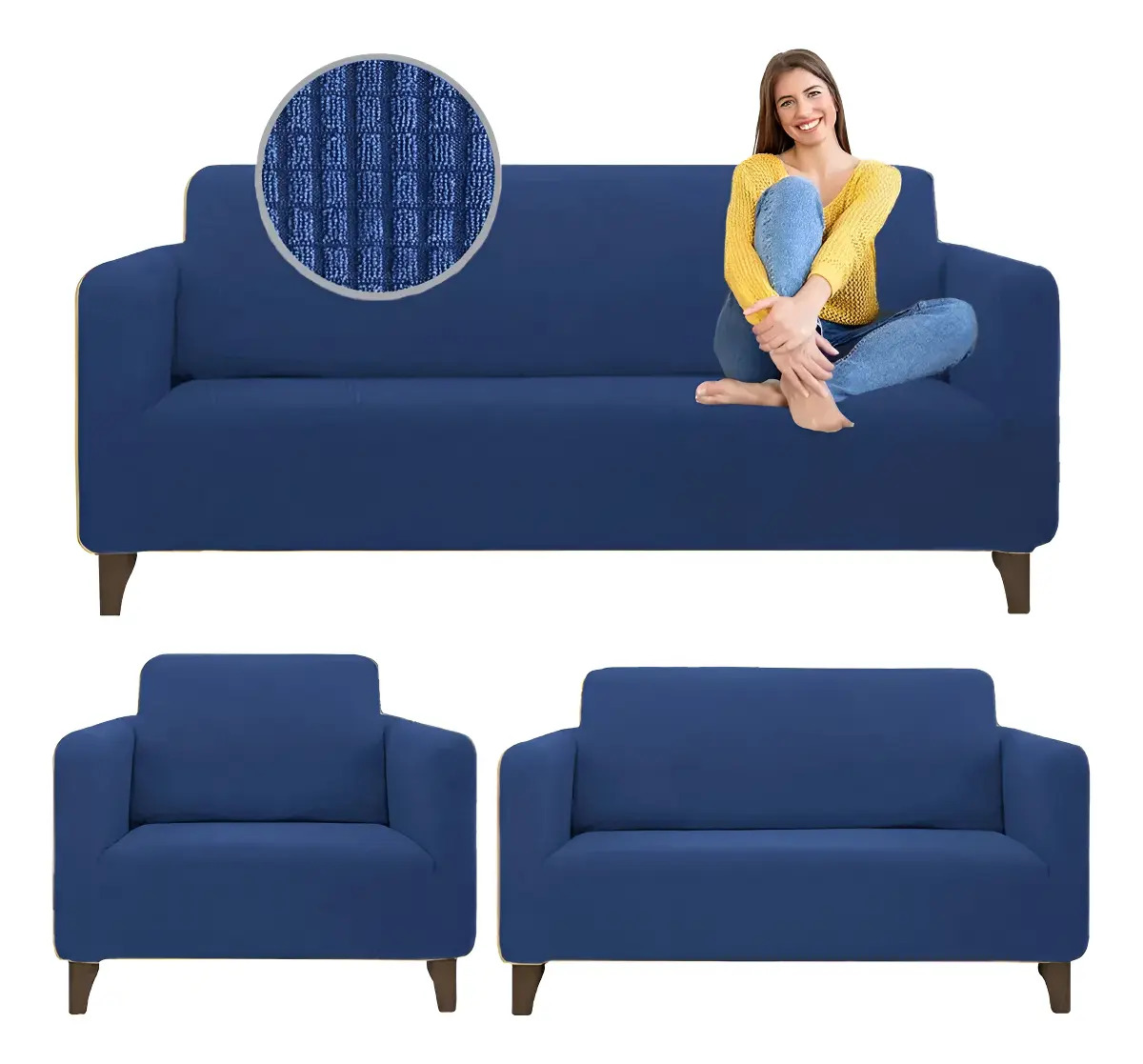 Funda Cubre Sillones Sala Sofá Protector Tela Ajustable 3pz Azul Marino