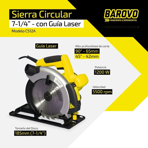 Imagen 6 de 10 de Sierra Circular Barovo 7-1/4 Con Guia Laser Cs12-a 185mm