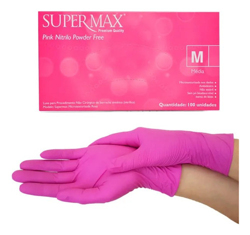 Luva Nitrílica Pink Supermax Para Tatuador Tatuagem 100 Und.