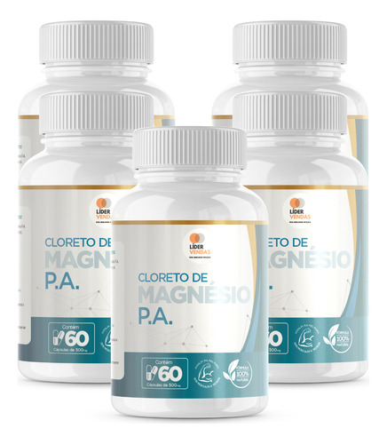 Cloreto De Magnésio Pa 500mg 60 Cápsulas Kit Com 5 Potes Sabor Neutro