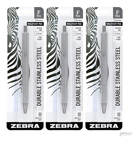 3 Bolígrafos Zebra F-701, Acero Inoxidable Con Agarre Molete