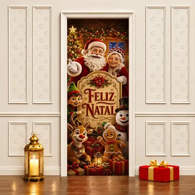 Capa de Porta Natal Papai Noel Boneco de Neve e Biscoito de Natal Decoração Casa Enfeites Natalinos Capa Para Porta de Entrada 0,80x2,10m Em Tecido Elástico