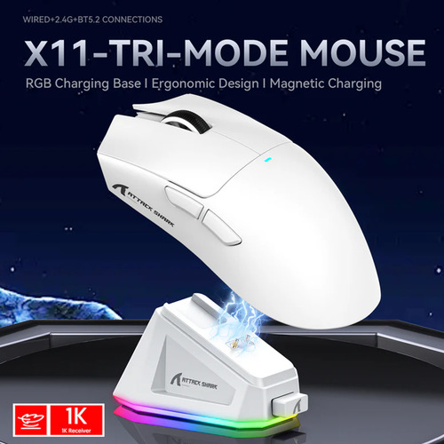 Mouse Gamer Sem Fio 2.4g Attack Shark 22000dpi Paw3311 X11 Cor Branco