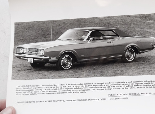 Foto Antigua Mercury Montego Fairlane 1969 No Folleto Manual