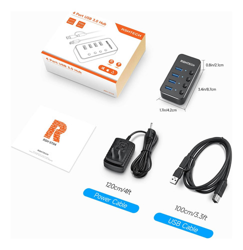 Usb 3.0 Hub Rshtech 4 Port Powered Usb 3.0/usb C Hub Upgr...