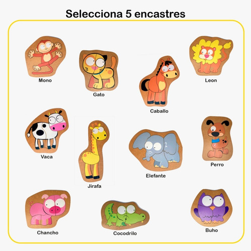 Imagen 2 de 10 de Set 5 Rompecabezas Para Niños Didacticos De Madera Animales