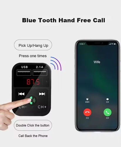 Transmisor Bluetooth Fm De Auto Manos Libres Cargador 2 Usb