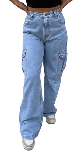 Cargo Jeans Dama Rígido Denim Pantalón Tiro Alto