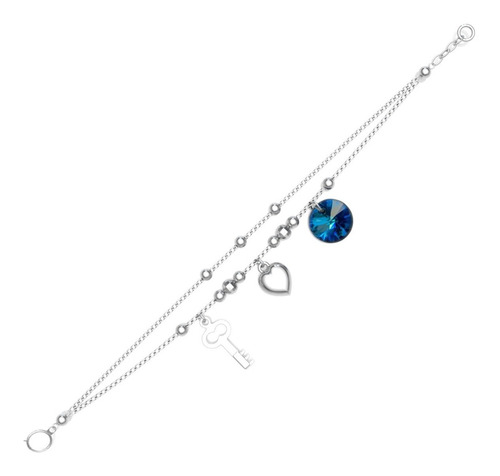 Imagen 2 de 10 de Pulsera De Plata 925 Con Dijes De Corazón, Llave Y Swarovski