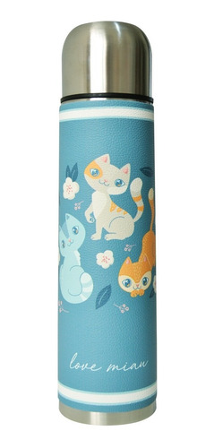 Imagen 1 de 1 de Termo Acero Inoxidable 1 L Forrado En Cuero Gatitos Nordicos