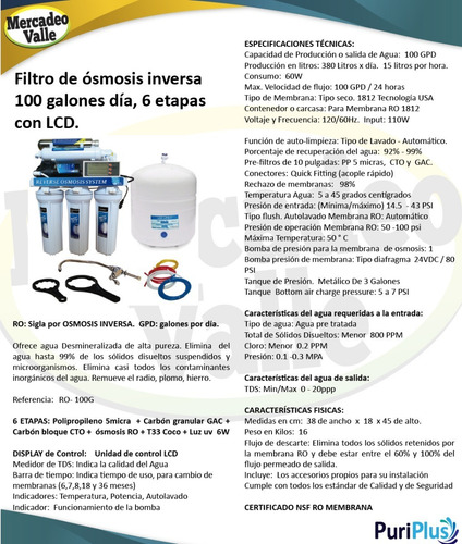 Filtro Agua Osmosis Inversa Lcd 100gpd Ultravioleta 6 Etapas