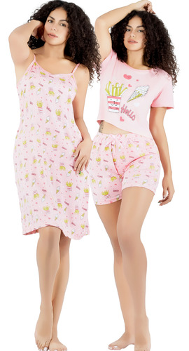 Set Pijama 3 Piezas Mujer Verano Bata Top Y Short